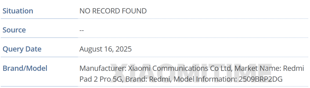 Redmi Pad 2 Pro 5G (2509BRP2DG) - IMEI Listing
