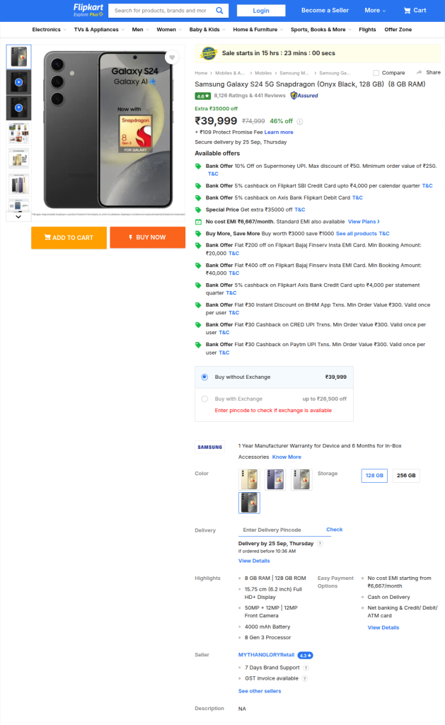 Samsung Galaxy S24 Powered by Snapdragon 8 Gen 3 Chip (128GB) - Flipkart Listing
