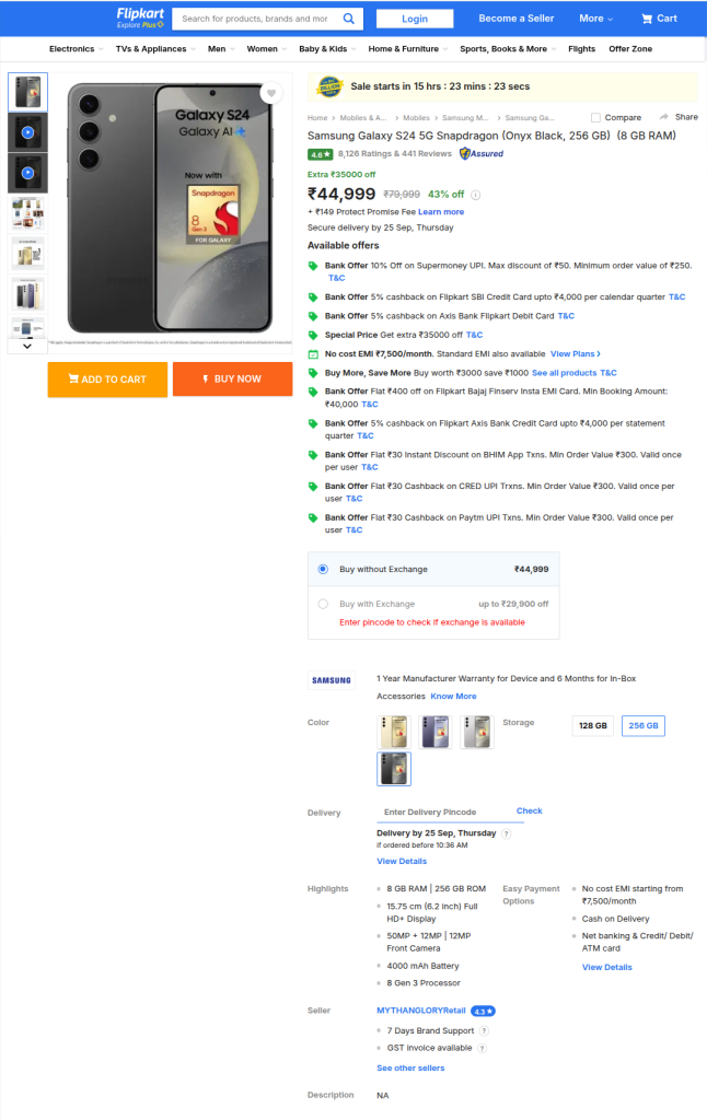 Samsung Galaxy S24 Powered by Snapdragon 8 Gen 3 Chip (256GB) - Flipkart Listing