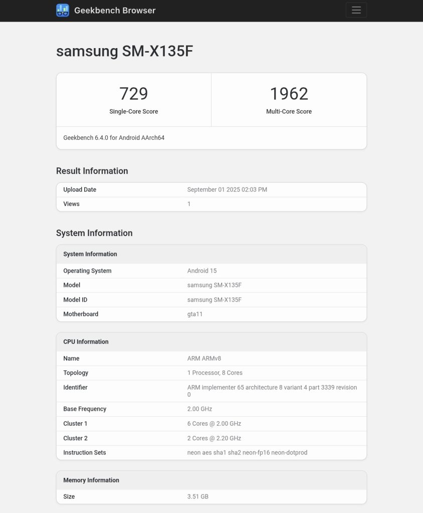 Samsung Galaxy Tab A11 LTE Variant (SM-X135F) - Geekbench Listing (1)