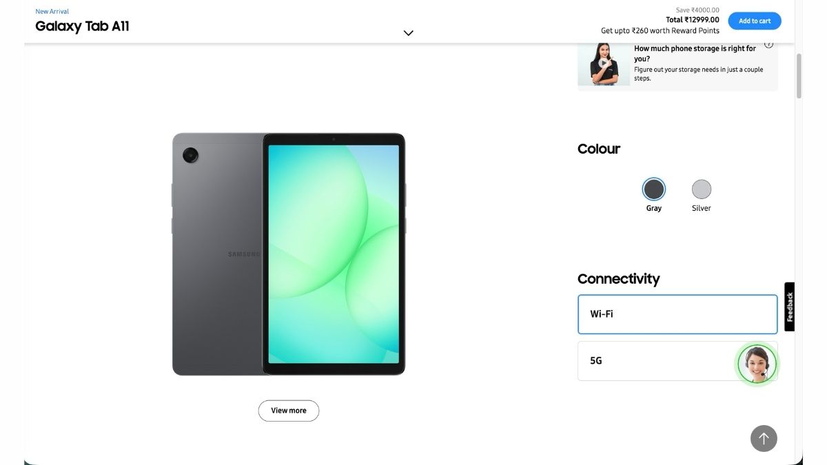 Samsung Galaxy Tab A11 Product Listing showing the wrong 5G Connectivity