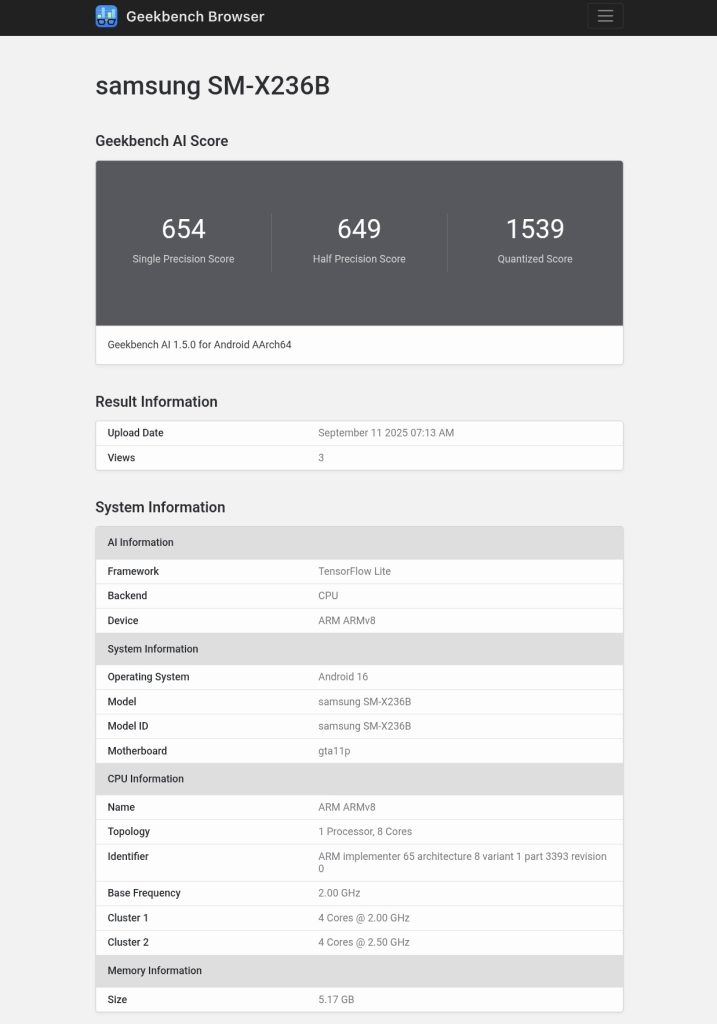 Samsung Galaxy Tab A11+ Tablet - Geekbench Listing (1)