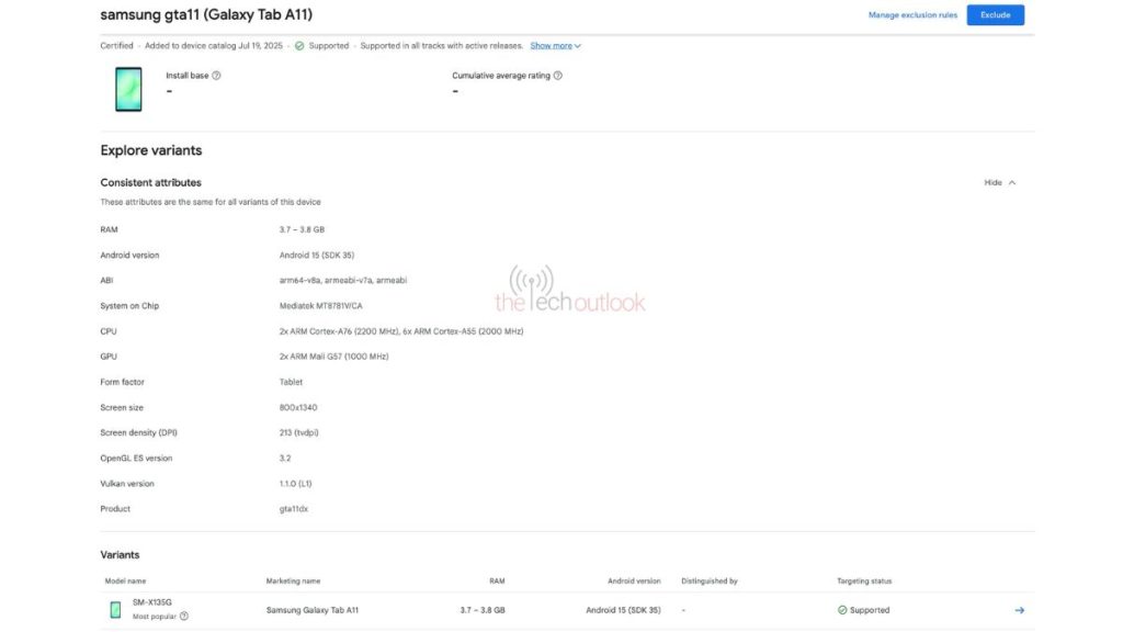Samsung Galaxy Tab A11 LTE Variant (SM-X135G) - Google Play Console Listing