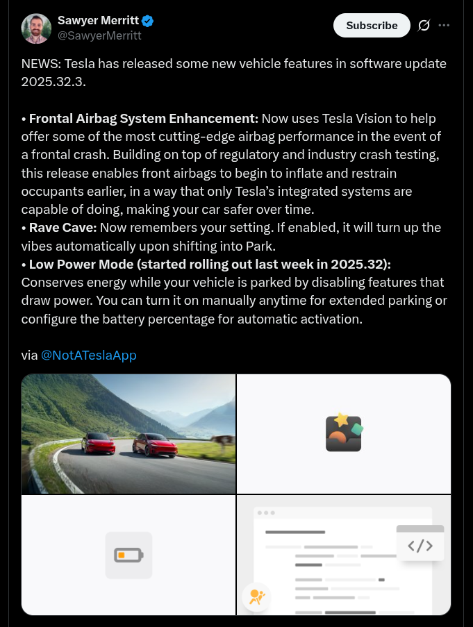 Tesla -'2025.32.3' Software Update (X Post)