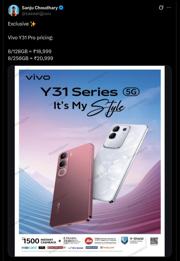 Upcoming Vivo Y31 Pro Smartphone Storage Models and Pricing Details Tipped - X Post