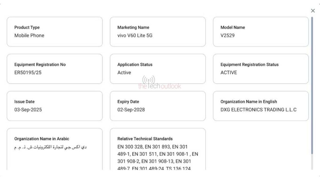 Vivo V60 Lite 5G - TDRA Certification
