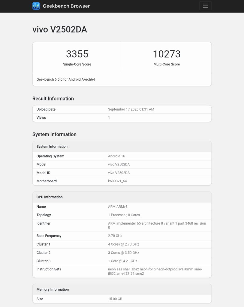 Vivo X300 Pro (V2502DA) - Geekbench Listing