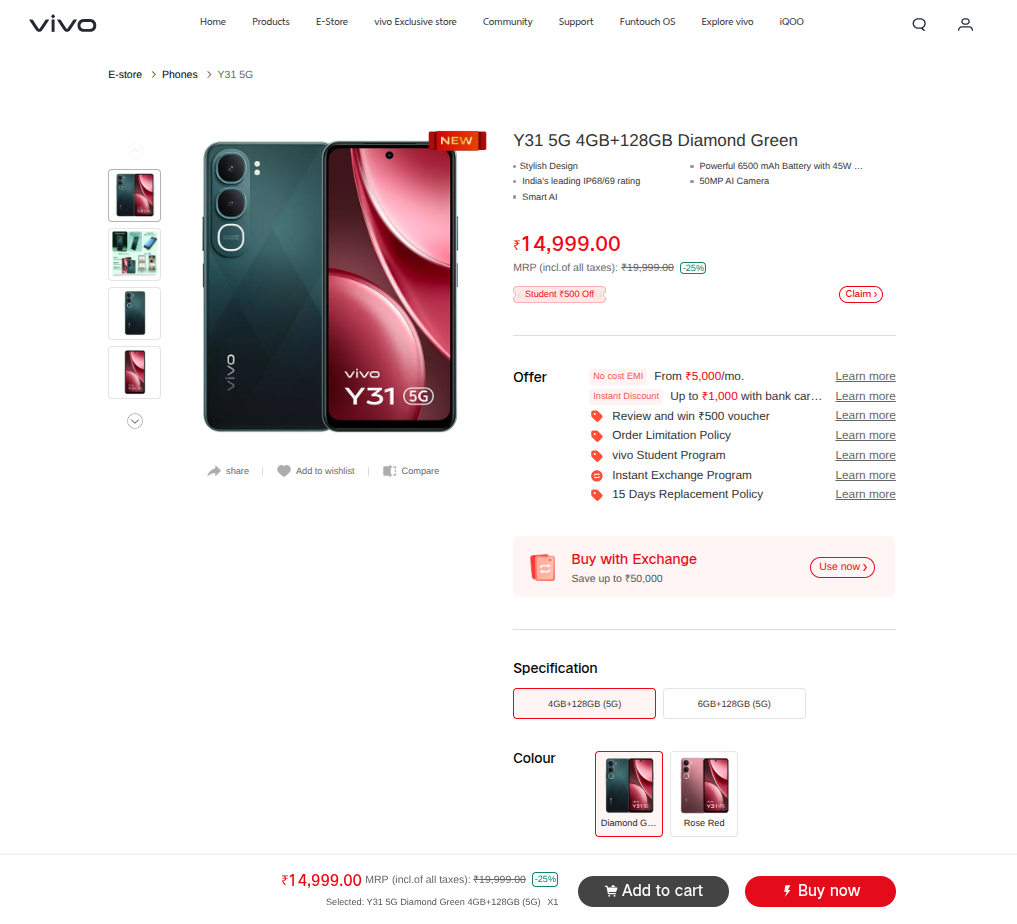 Vivo Y31 5G - Product Page Listing on Brand's Indian Website