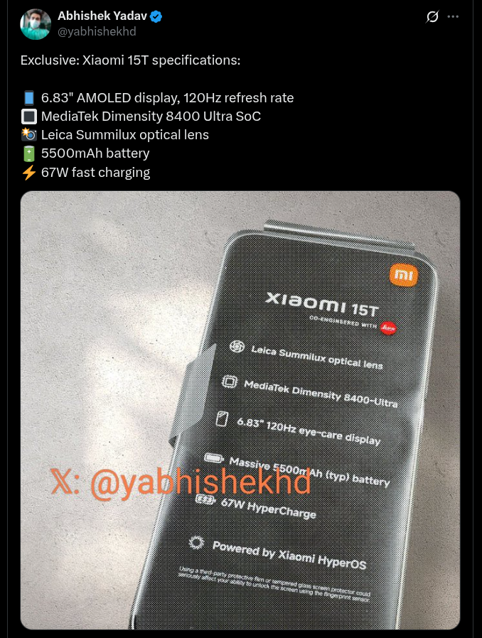 Xiaomi 15T Key Specs Revealed Via Leaked Image - X Post