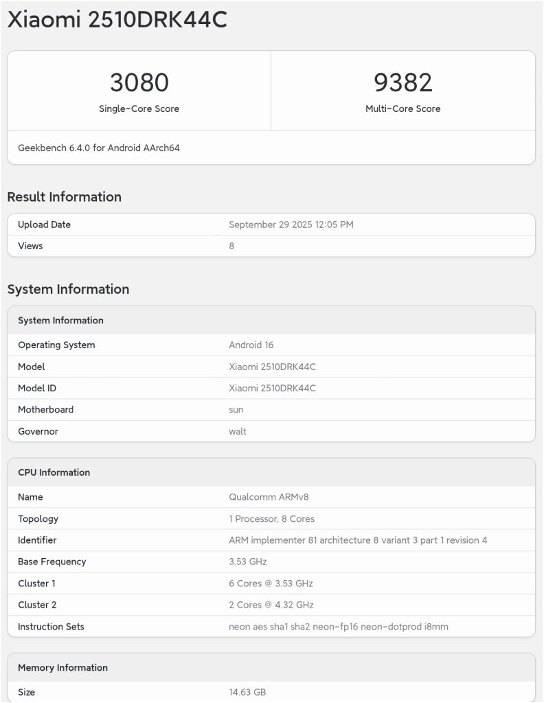 Xiaomi 2510DRK44C - Geekbench Listing