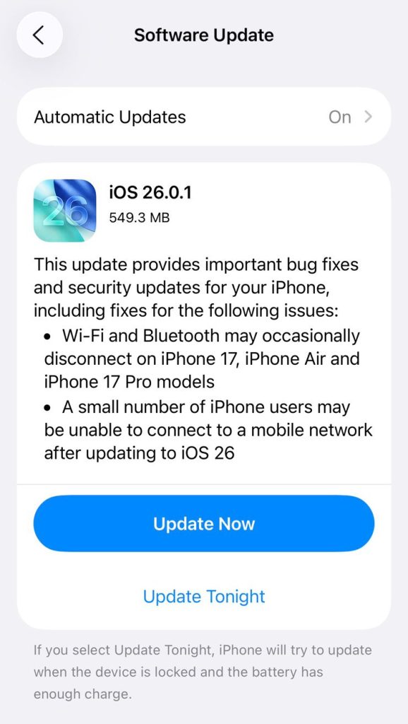 iOS 26.0.1 Update