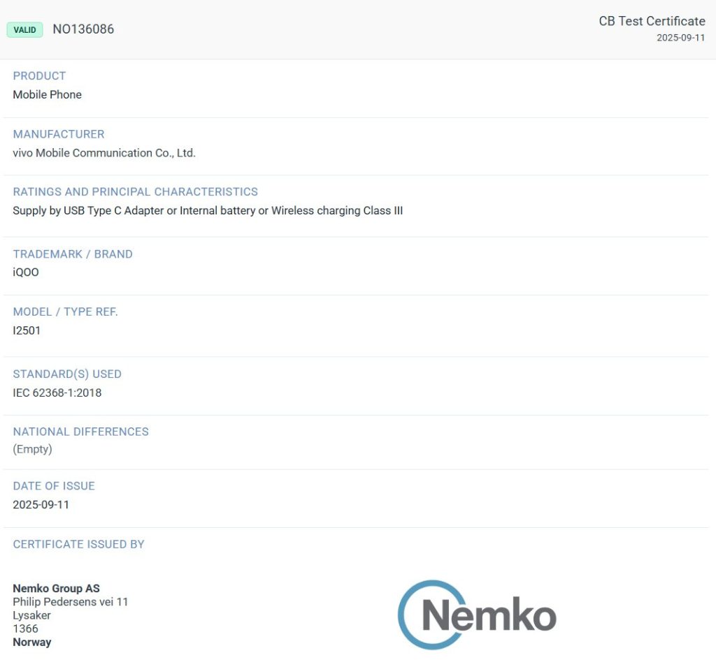 iQOO 15 (I2501) - Nemko Certification