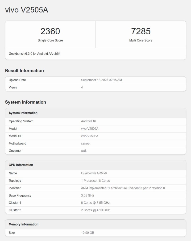 iQOO 15 (V2505A) - Geekbench Listing