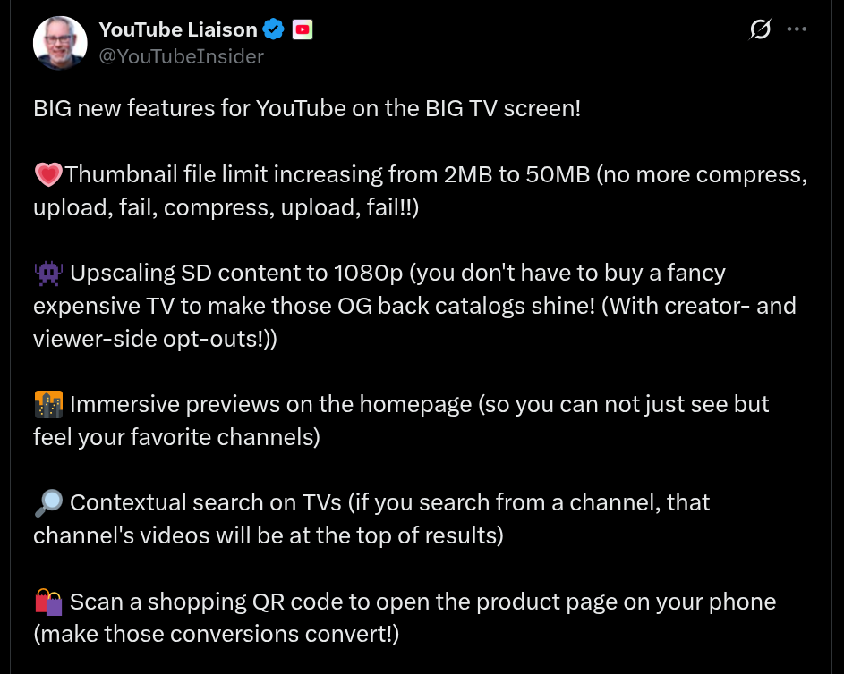 Big New Features for YouTube - X Post