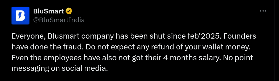 BluSmart Company Shut Down Since February 2025 - X Post