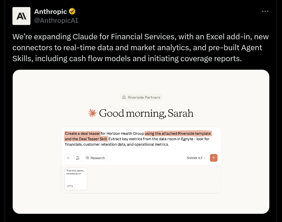 Claude for Financial Services Featuring Excel Add-In, New Connectors, and Pre-Built Agent Skills - (X Post)