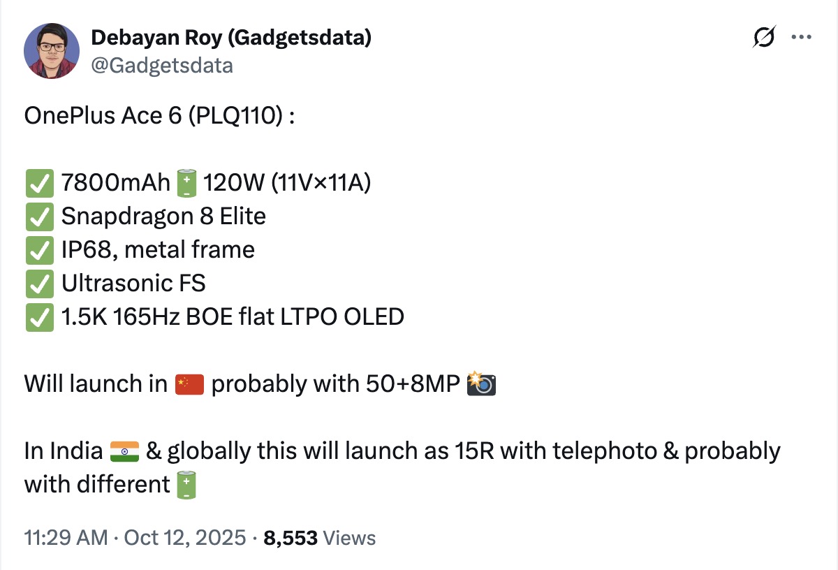 gadgetsdata on X For OnePlus Ace 6