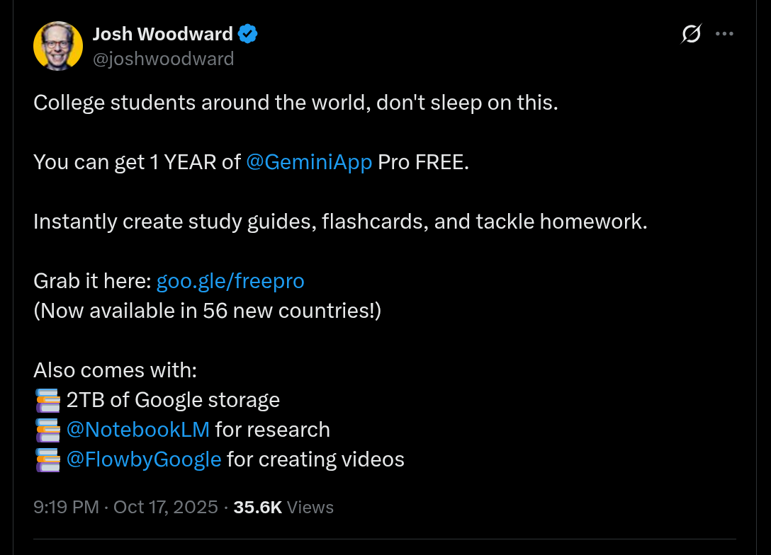 Gemini App Pro 1-Year Free Subscription for College Students - X Post