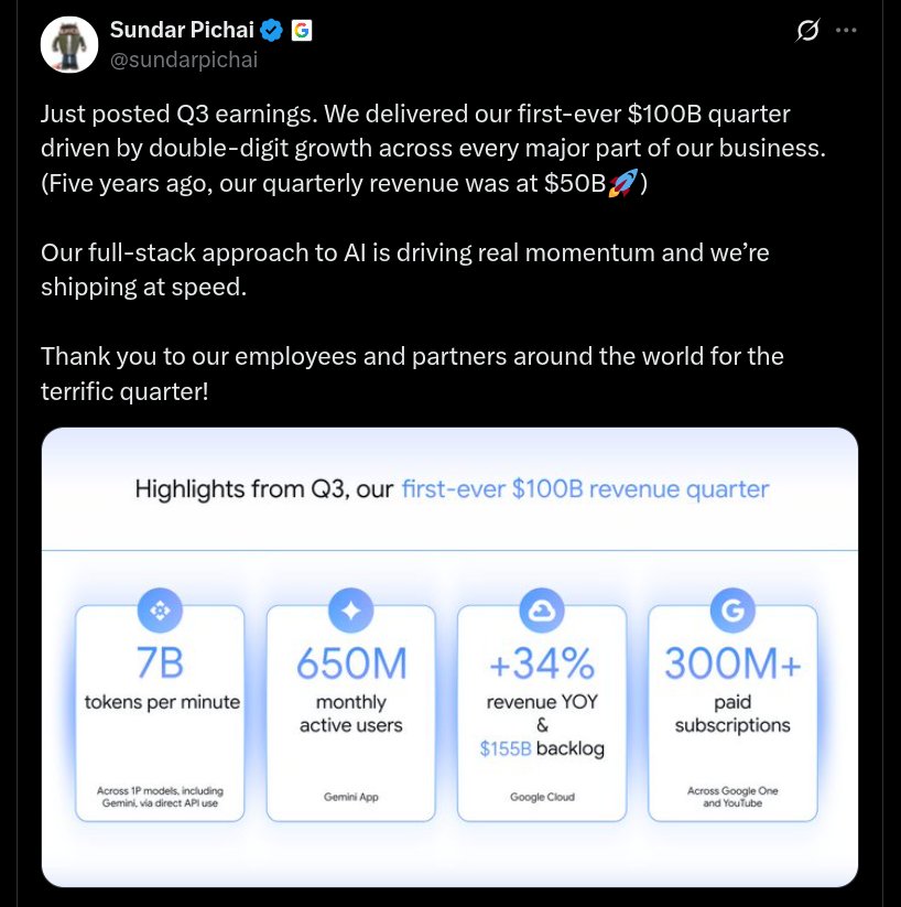 Google Delivers First-Ever USD 100 Billion Revenue in Q3 2025 - X Post