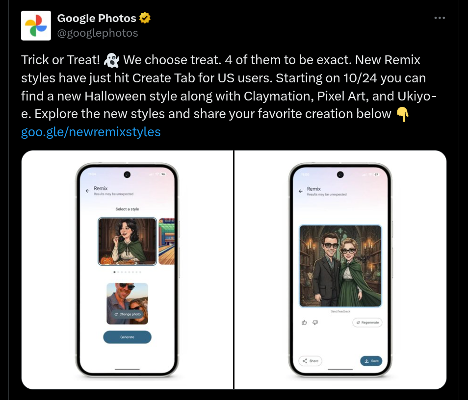 Google Photos Four New Remix Styles Introduced - X Post