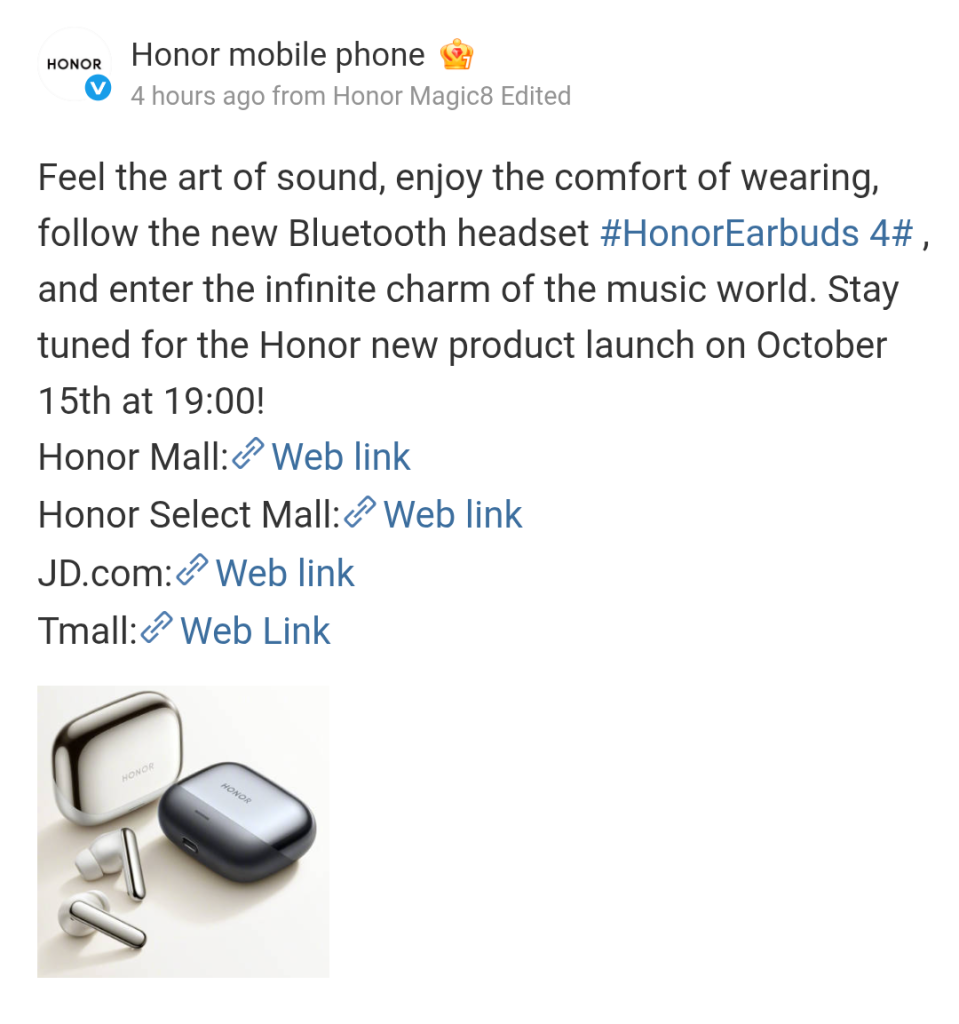 Honor Earbuds 4 - Weibo Post