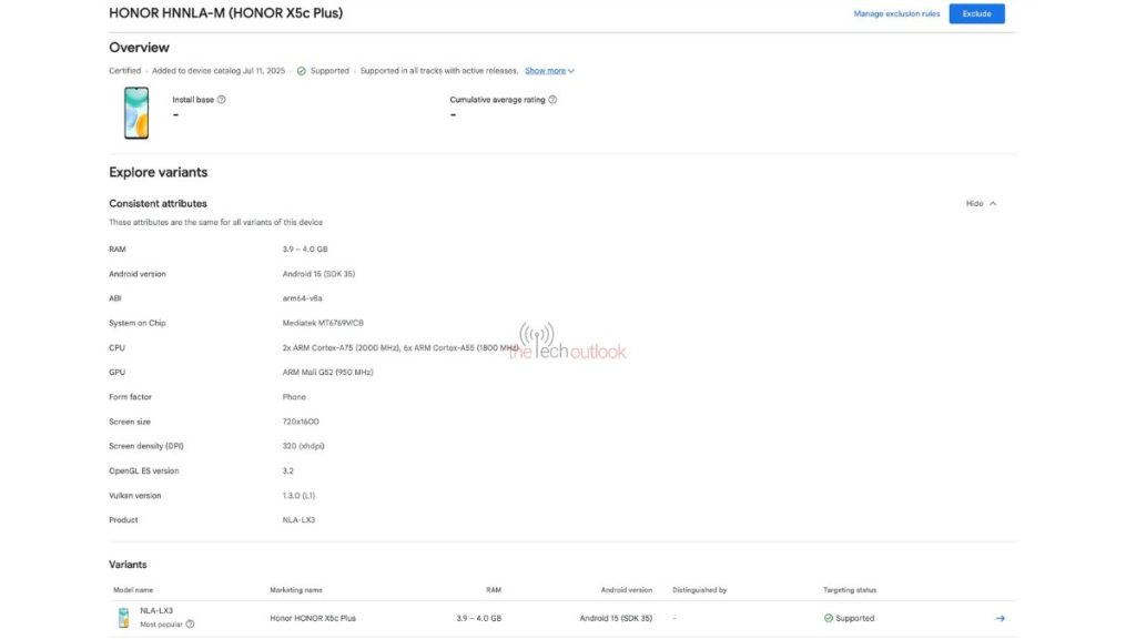 Honor X5c Plus - Google Play Console Listing