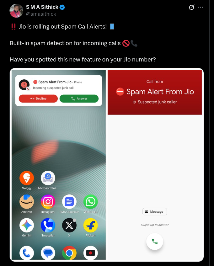 Jio New Spam Call Alerts Now Rolling Out - X Post