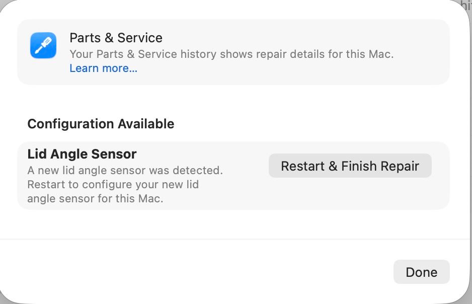 Lid Angle Sensor Restart & Finish Repair - Pop-Up Menu