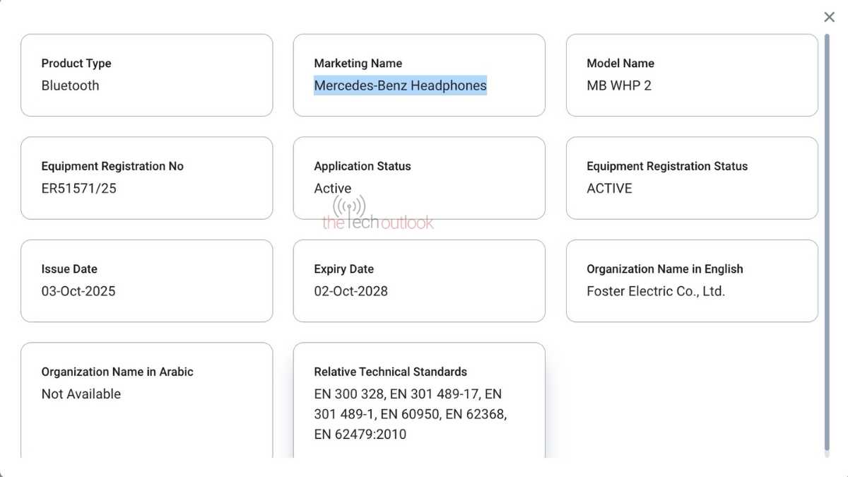 Mercedes Benz Wireless Headphone 2 (MB WHP 2) - TDRA Certification