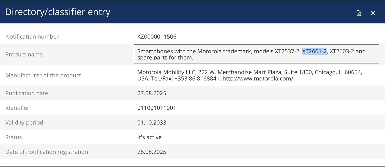 Motorola'XT2537-2','XT2601-2','XT2603-2' Smartphones - EEC Certification