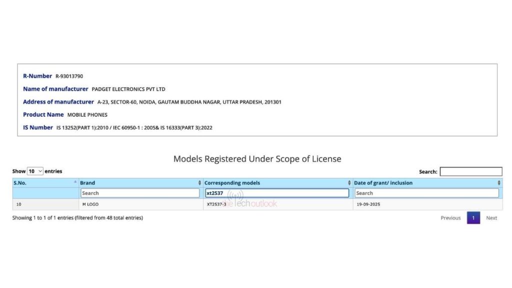 Motorola 'XT2537-3' Smartphone - BIS Certification