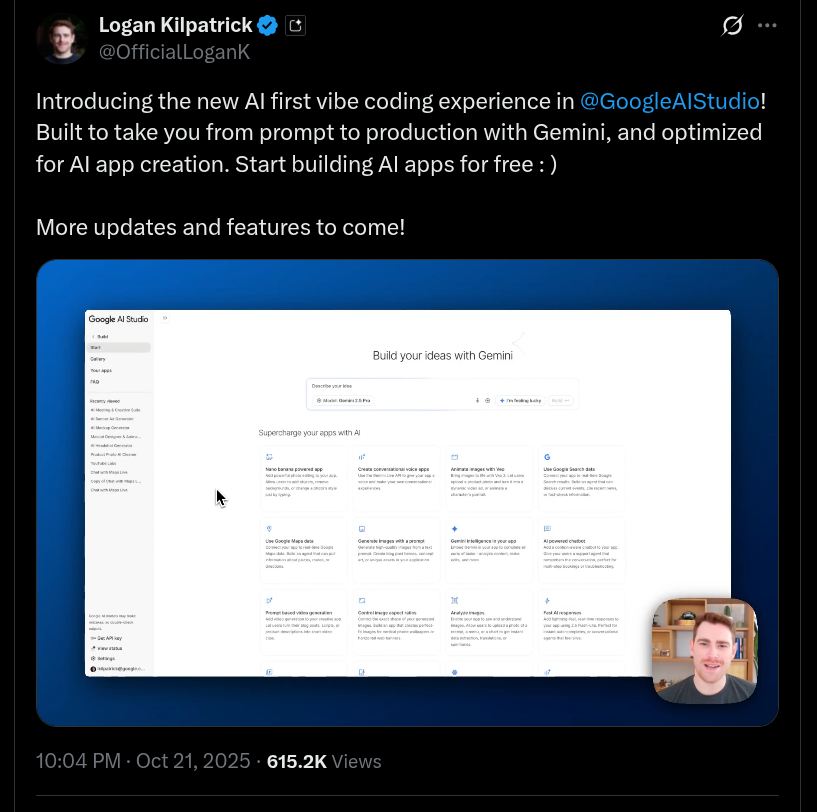 New AI First Vibe Coding Experience in Google AI Studio - X Post