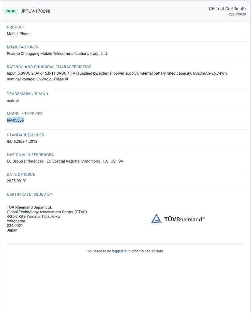 New Realme Smartphone (RMX5566) - TUV Rheinland Certification