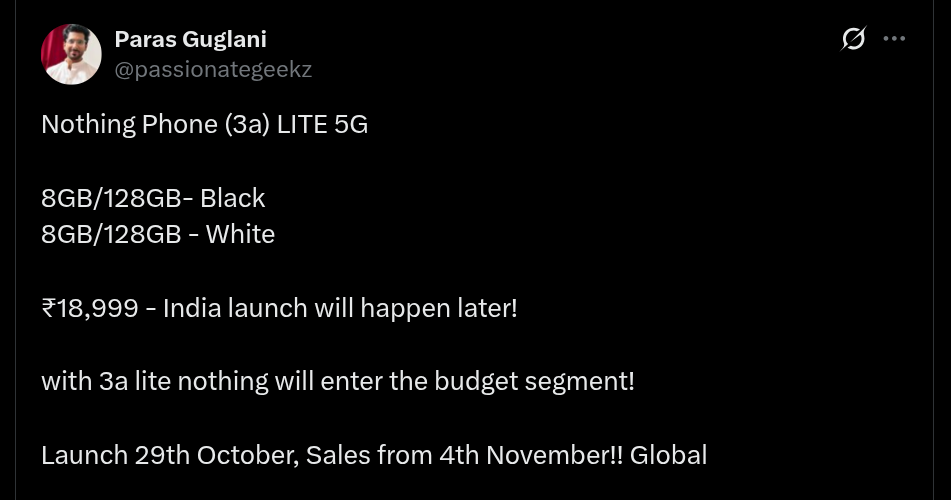 Nothing Phone 3a Lite 5G - Tipped Details