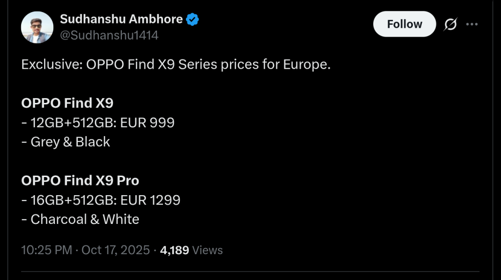 OPPO Find X9 Series - European Pricing Details Revealed (X Post)