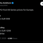 OPPO Find X9 Series - European Pricing Details Revealed (X Post)