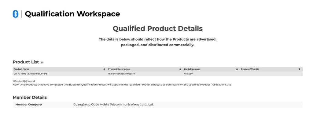 OPPO Hima Touchpad Keyboard (OPK2501) - Bluetooth SIG Certification