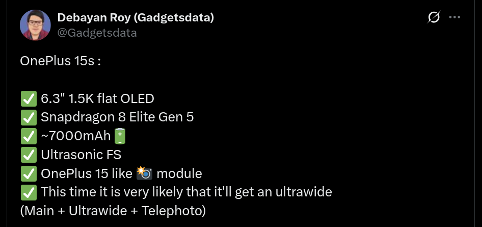 OnePlus 15s - Tipped Specs (X Post)