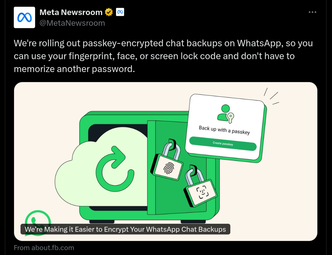 Passkey-Encrypted Chat Backups on WhatsApp - X Post