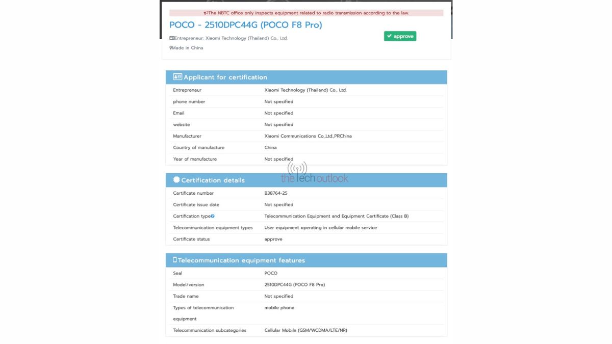 Poco F8 Pro spotted on NBTC