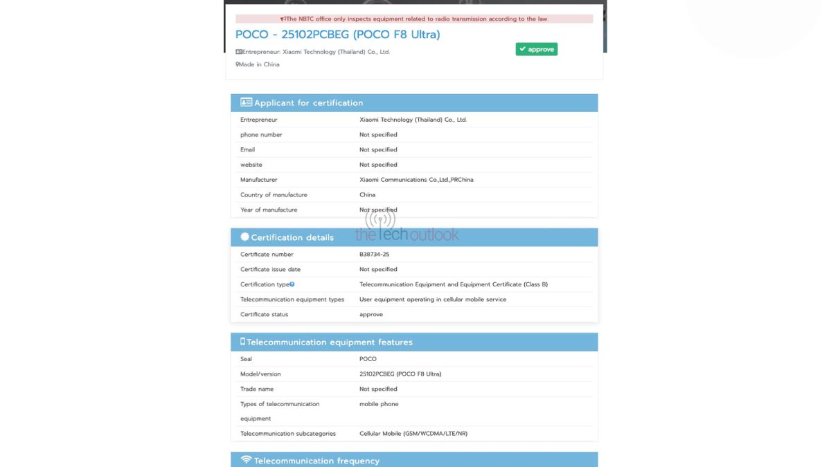 Poco F8 Ultra spotted on NBTC certfiication