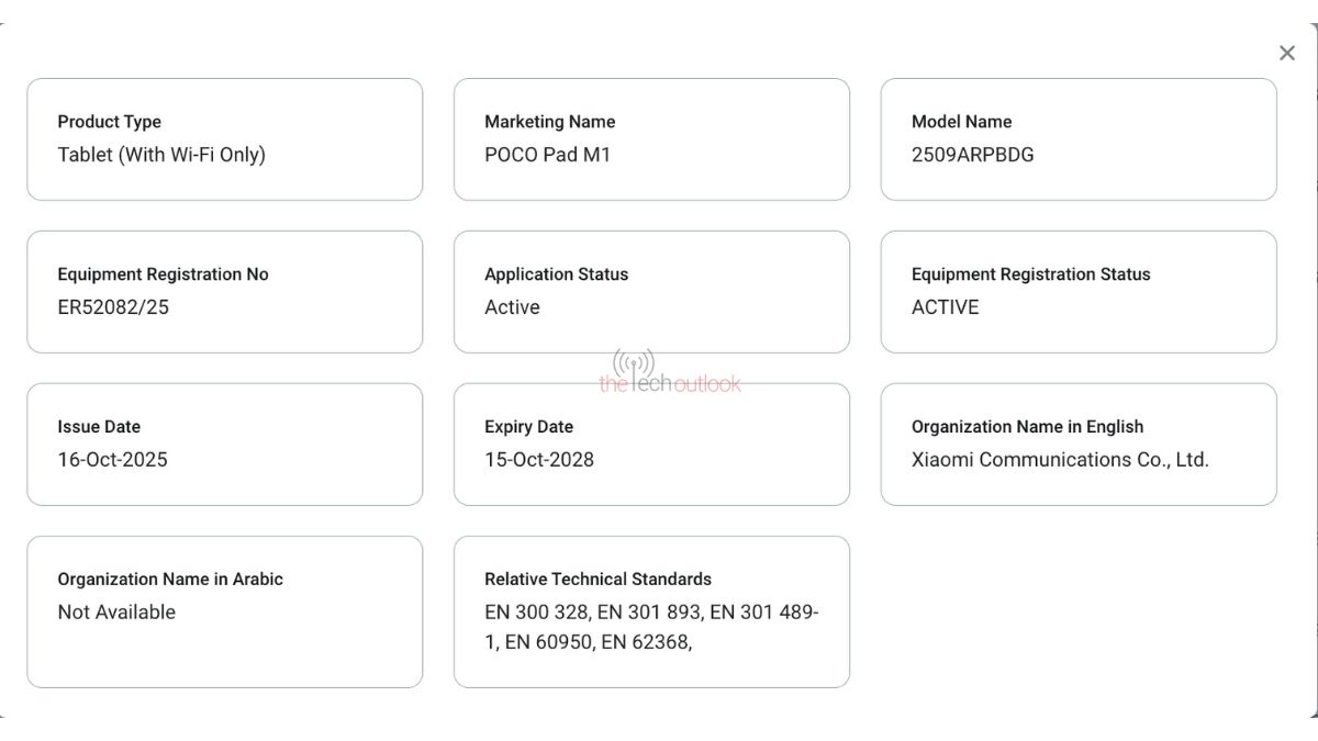 POCO Pad M1 (2509ARPBDG) - TDRA Certification