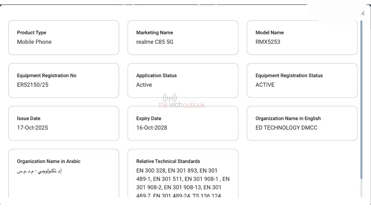 Realme C85 5G spotted on TDRA