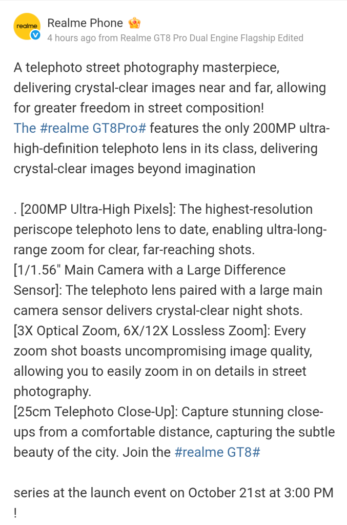 Realme GT 8 Pro - 200MP Ultra-High-Definition Telephoto Lens (Weibo Post)