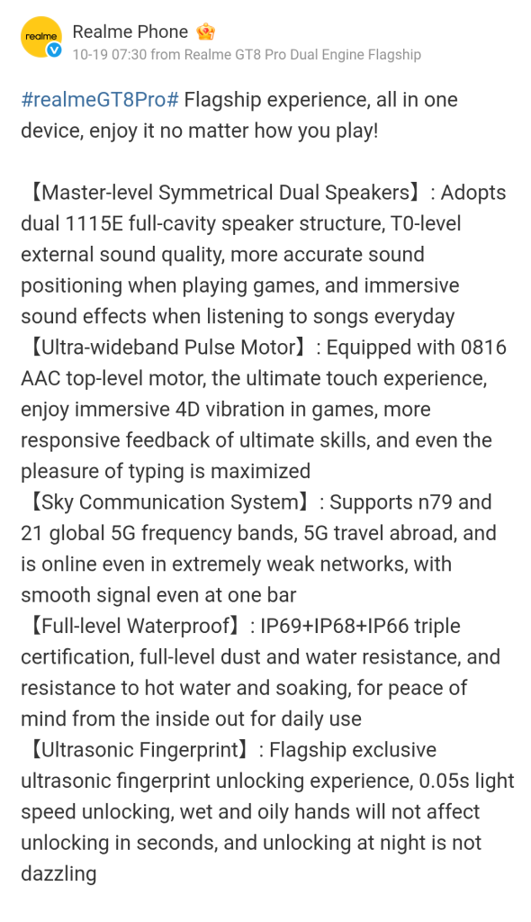 Realme GT 8 Pro - Key Specs Again (Weibo)