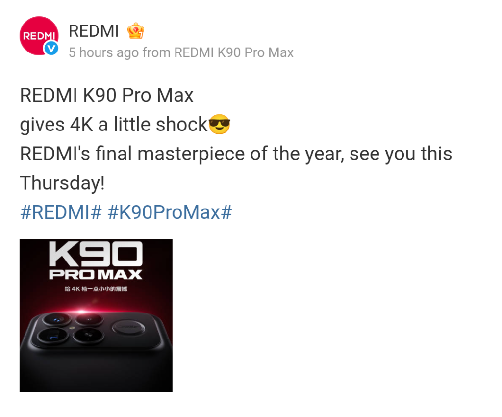 Redmi K90 Pro Max - 4K Videography (Weibo)
