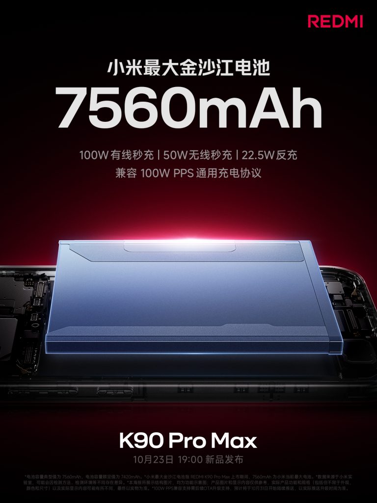 Redmi K90 Pro Max - 7560 mAh Battery, 100W Wired Charging, 50W Wireless Charging, 22.5W Reverse Charging (Teaser)