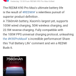 Redmi K90 Pro Max - 7560 mAh Battery, 100W Wired Charging, 50W Wireless Charging, 22.5W Reverse Charging (Weibo)