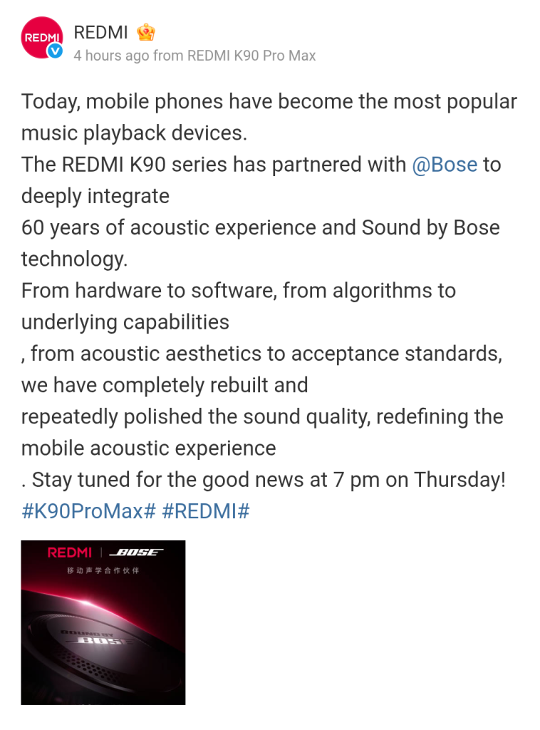 Redmi K90 Series x Sound by Bose Partnership (Weibo)