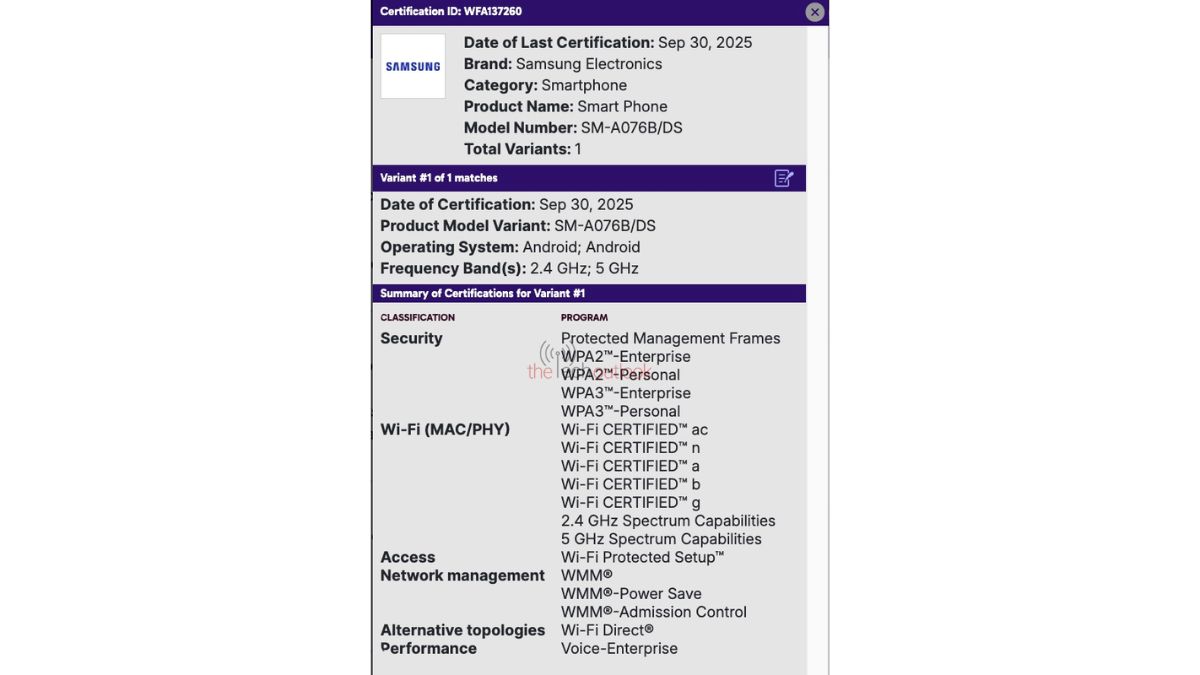 Samsung Galaxy A07 5G - WiFi Alliance Certification